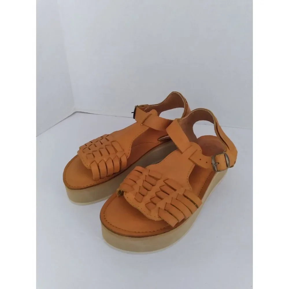 Woven Leather Platform‎ Sandals with Ankle Strap in Tan - Boho Summer Comfort
